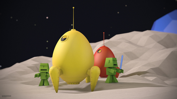 Œuf fusée sur la lune, avec 2 petits robots - Lowpoly style - 2015